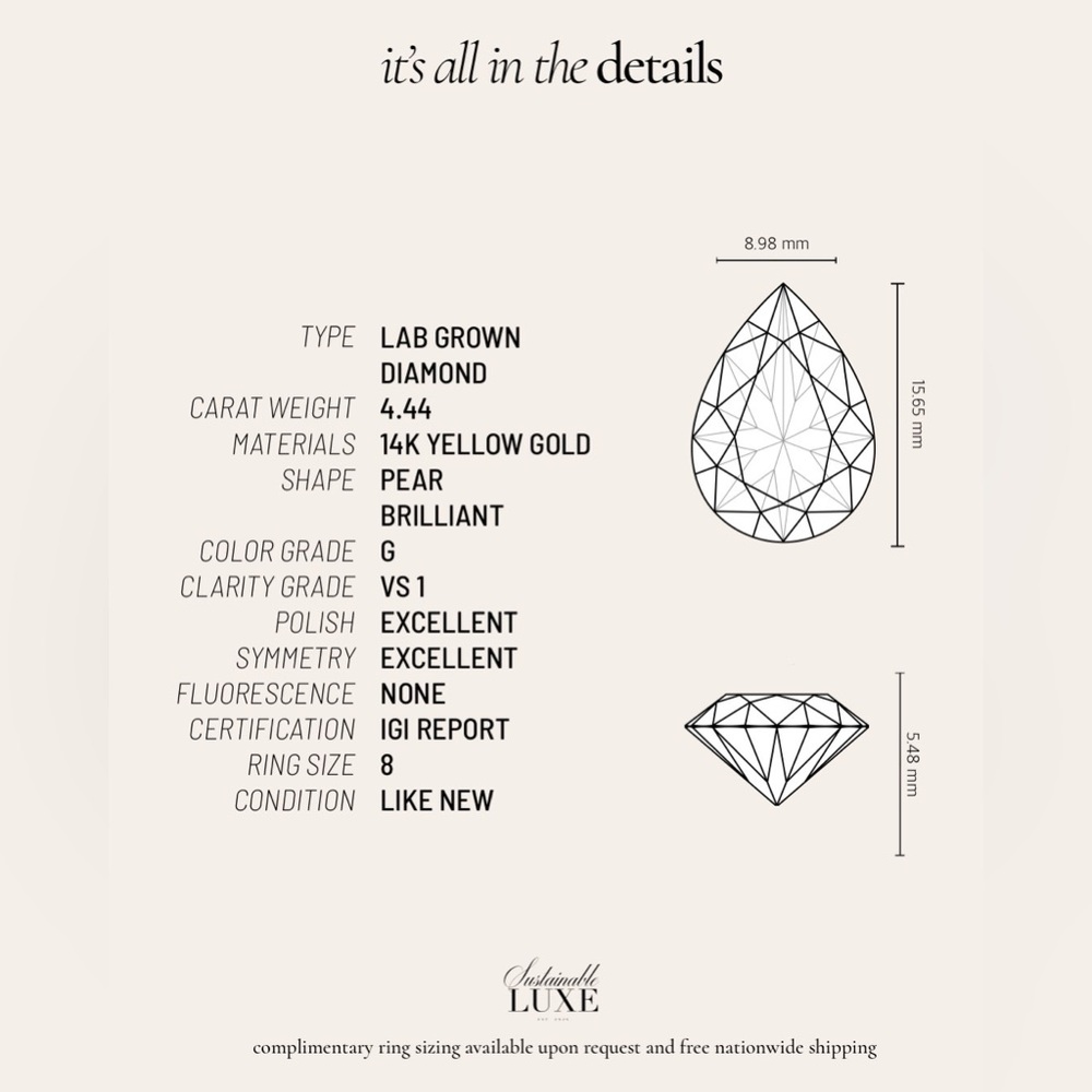 Like New, 4.44 CT Lab Grown Pear Diamond in 14K Yellow Gold with IGI Report - Picture 8 of 8